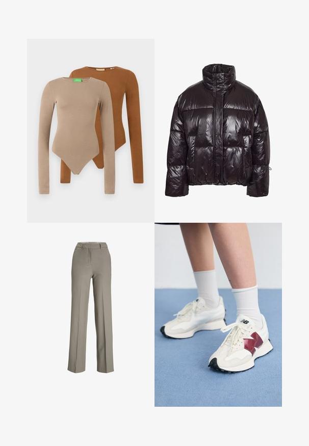 Prošívaná bunda z lesklého černého materiálu s vysokým límcem, velkými našitými kapsami a staženým spodním lemem pro strukturovaný střih.; Dvě dlouhé elastické body s kulatými výstřihy, jedno béžové a jedno hnědé, vystavené překrývající se na bílém pozadí.; Světle šedé široké kalhoty vyrobené z hladké látky, s upraveným pasem, předními sklady a bočními kapsami.; Pár bílých tenisek s vínovými akcenty, texturovanými panely, plochou černou podrážkou a světlými tkaničkami, nošené s bílými kotníkovými ponožkami.