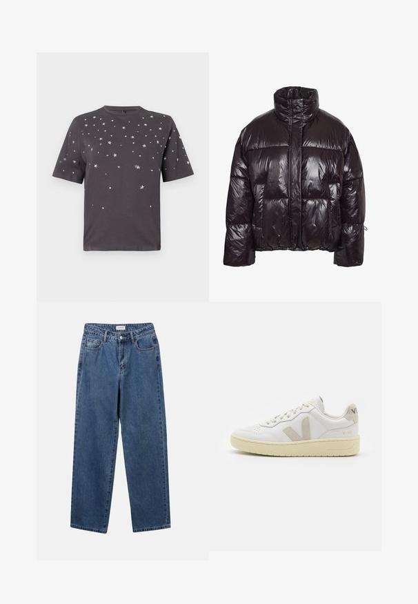Puffer jacket in glossy black material with a high collar, featuring large patch pockets and a cinched hem for a structured fit.; Dark gray short-sleeve t-shirt with scattered small silver star and dot embellishments across front and sleeves.; Classic blue denim jeans with a straight-leg design, five pockets, and a button closure. Features a medium wash and sturdy texture.; White leather sneaker with beige suede accents, perforated toe box, flat laces, and a textured cream sole. Features subtle branding on heel.
