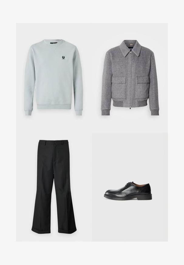 Pelēks jaku ar ķīļveida rakstu, ar apkakli, priekšējo rāvējslēdzēju un divām kabatām ar atloku. Iezīmē ribota aproces un apakšmalas, lai nodrošinātu labu piegulšanu.; Gaišs pelēks džemperis, kas izgatavots no mīkstas kokvilnas maisījuma. Iezīmējas ar apaļu kakla izgriezumu, ribotām piedurknēm un apakšmalu, kā arī ar mazu melnu logotipa uzšuvumu uz krūtīm.; Melni plaši bikses ar pogājam jostu un apakšdaļu ar aprocēm, izliktas uz vienkārša balta fona.; Melna ādas kleitu kurpe ar apaļu purngalu, gludu virsmu, auklu akcentiem un zemu, strukturētu gumijas zoli. Tīras līnijas un minimālistisks dizains.