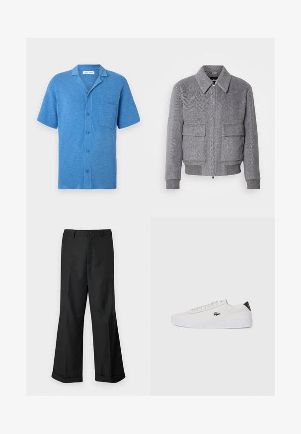 Pelēks jaku ar ķīļveida rakstu, ar apkakli, priekšējo rāvējslēdzēju un divām kabatām ar atloku. Iezīmē ribota aproces un apakšmalas, lai nodrošinātu labu piegulšanu.; Īsām piedurknēm pogājama krekls zilā krāsā, izgatavots no teksturēta auduma. Ar atvērtu apkakli un krūšu kabatu.; Melni plaši bikses ar pogājam jostu un apakšdaļu ar aprocēm, izliktas uz vienkārša balta fona.; Baltas ādas sporta apavu modelis ar noapaļotu purngalu, sasienamu priekšpusi un melnu papēža akcentu. Satur nelielu izšūtu krokodila logo sānos.