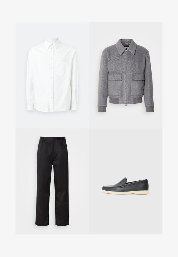 Szary żakiet w wzór jodełki z kołnierzem, suwakiem z przodu i dwiema kieszeniami z klapką. Posiada prążkowane mankiety i dół dla lepszego dopasowania.; Biała koszula z długim rękawem, zapinana na guziki, wykonana z lekkiego materiału. Posiada kieszeń z przodu, klasyczny kołnierzyk oraz subtelną fakturę.; Czarne spodnie wykonane z gładkiego materiału, z zapięciem na guzik z przodu, plisami i prostymi nogawkami. Brak widocznych wzorów lub akcentów.; Czarne skórzane slip-ony w stylu loafers z teksturowanym wykończeniem i kontrastującą beżową gumową podeszwą. Posiadają delikatny akcent wzdłuż przodu.