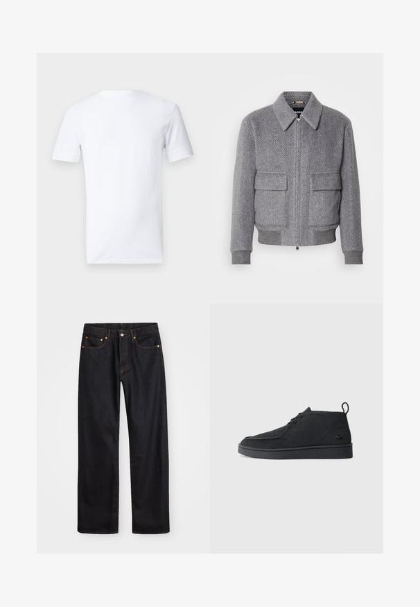 Grå jakke med fiskebensmønster, krave, frontlynlås og to klaplommer. Har ribbede manchetter og kant for bedre pasform.; Kortærmet hvid t-shirt lavet af bomuld, med rund hals og et enkelt, sømløst rygdesign uden mønstre eller grafik.; Mænds lige ben sorte denim jeans med fem lommer og orange syninger, knap- og lynlåslukning foran på taljen.; Sort ruskind snørebånds ankelstøvle med grebsløjfe og struktureret sål, der har et lille præget krokodillelogo på siden.