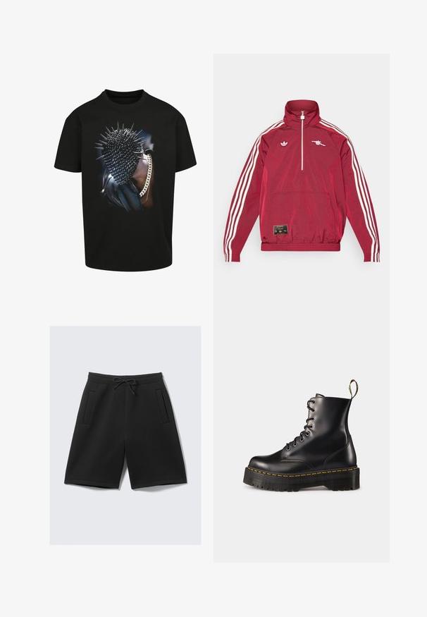 adidas Originals ARSENAL FC ICON HALFZIP JACKET - Fanartikel - team burgundy; Zwarte T-shirt met een graphic van een gespiked hoofd en kettingaccent. Korte mouwen en klassieke pasvorm. Gedurfde uitstraling met een glanzende textuur.; Zwarte sportshorts van zachte stof, met een elastische tailleband en een trekkoord, en twee voorzakken. Soepele textuur, knielange snit.; Zwarte leren veterschoenen tot de enkel met een robuuste zwarte zool en gele stiksels. Kenmerkend zijn de trekloop aan de achterkant en de ronde metalen oogjes.