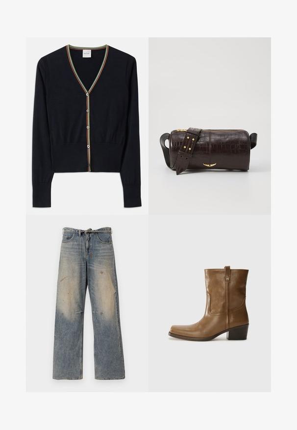 Brown puffer jacket with a hood, featuring a front zipper, two large front pockets, and a smooth matte texture. Brand logo on chest.; Navy cardigan made of soft fabric, featuring a V-neck with multicolored striped trim and six round buttons down the front.; Long-sleeve, light beige top with a round neckline. Made of soft fabric, features a central seam and slightly curved hem. No visible hardware.; Light blue denim jeans with a loose, straight-leg design. Features whiskering, fading, and distressed details near knees. Classic five-pocket style.; Brown leather ankle boot with a square toe, textured finish, and a low stacked heel. Features a rear pull tab and subtle stitching details.; Brown crocodile-embossed leather bag with a cylindrical shape, gold-tone hardware, and a detachable strap featuring studs.