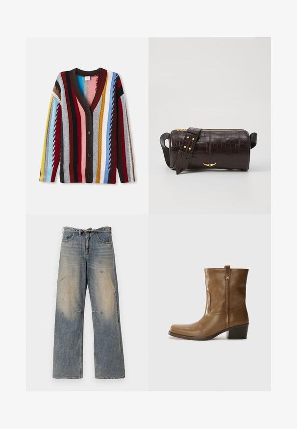 Brown puffer jacket with a hood, featuring a front zipper, two large front pockets, and a smooth matte texture. Brand logo on chest.; Knit cardigan featuring a V-neck, multi-colored stripes in red, blue, yellow, and gray, with five buttons and ribbed cuffs.; Long-sleeve, light beige top with a round neckline. Made of soft fabric, features a central seam and slightly curved hem. No visible hardware.; Light blue denim jeans with a loose, straight-leg design. Features whiskering, fading, and distressed details near knees. Classic five-pocket style.; Brown leather ankle boot with a square toe, textured finish, and a low stacked heel. Features a rear pull tab and subtle stitching details.; Brown crocodile-embossed leather bag with a cylindrical shape, gold-tone hardware, and a detachable strap featuring studs.