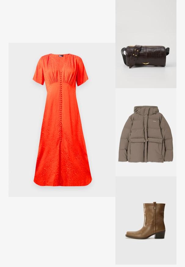 Brown puffer jacket with a hood, featuring a front zipper, two large front pockets, and a smooth matte texture. Brand logo on chest.; Bright orange dress, short sleeves, round neckline, textured fabric with a floral pattern, featuring a front button closure and a flared silhouette.; Brown leather ankle boot with a square toe, textured finish, and a low stacked heel. Features a rear pull tab and subtle stitching details.; Brown crocodile-embossed leather bag with a cylindrical shape, gold-tone hardware, and a detachable strap featuring studs.