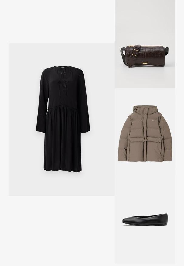 Bruine pufferjack met capuchon, voorzien van een ritssluiting aan de voorkant, twee grote voorzakken en een gladde matte textuur. Merklogo op de borst.; Zwarte jurk van lichtgewicht stof met lange, uitlopende mouwen, een V-hals met een strik, en een geraffineerde taille die overgaat in een vloeiende rok.; Paul Smith TOPANGA - Ballerina's - black; Bruine krokodil-embosserende leren tas met een cilindervorm, gouden hardware en een afneembare schouderband met studs.