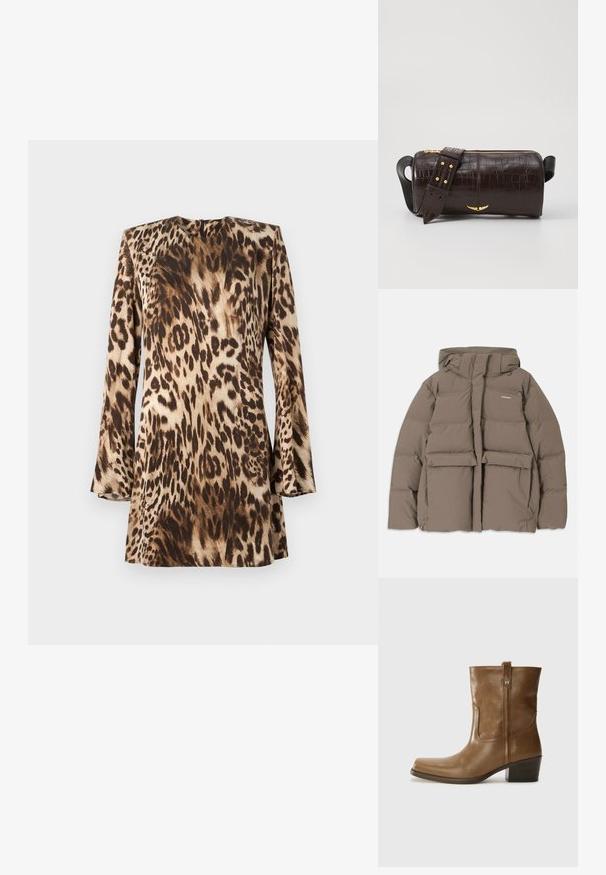 pruun puffer-jakk, millel on kapuuts, esi tõmblukk, kaks suurt eesmist taskut ja sile mati tekstuur. Brändi logo rinnal.; Leopardimustriga kleit, millel on pikad varrukad, ümar kaelus ja sujuv, satiinilaadne tekstuur beeži ja pruuni toone.; Pruun nahkne ankle boot ruudukujulise varbaga, tekstuuriga viimistluse ja madala virnastatud kontsaga. Sisaldab taga tõmbeaasat ja peeneid õmbluse detaile.; Pruunist krokodillimustrist nahast kott, millel on silindri kuju, kuldse tooni metalldetailid ja eemaldatav rihm, kus on nupud.