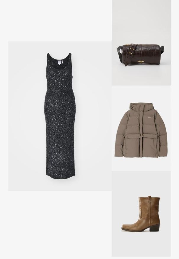 Braune Pufferjacke mit Kapuze, ausgestattet mit einem Frontreißverschluss, zwei großen Fronttaschen und einer glatten, matten Textur. Markenlogo auf der Brust.; Schwarzes, ärmelloses Maxikleid aus strukturiertem Stoff mit einem schimmernden Effekt, ausgestattet mit einem runden Ausschnitt und einer figurbetonten Silhouette.; Braune Leder-Ankle-Boots mit quadratischer Zehenform, strukturiertem Finish und niedrigem, gestapeltem Absatz. Ausgestattet mit einer Zuglasche auf der Rückseite und dezenten Stickdetails.; Braune, krokodilgeprägte Lederhandtasche mit zylindrischer Form, goldfarbener Hardware und einem abnehmbaren Tragegurt mit Nieten.