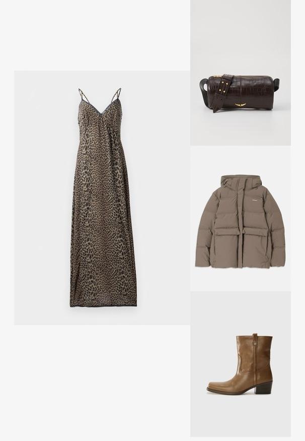 Giacca a vento marrone con cappuccio, dotata di una cerniera frontale, due grandi tasche anteriori e una texture opaca liscia. Logo del brand sul petto.; Abito maxi in stampa leopardata con spalline sottili, scollatura a V, design fluido, tessuto trasparente, toni terrosi di marrone e nero, e orlo dritto.; Stivale alla caviglia in pelle marrone con punta quadrata, finitura testurizzata e tacco basso incassato. Dotato di un pratico tassello posteriore e dettagli di cucitura sottili.; Borsa in pelle stampata a coccodrillo marrone con forma cilindrica, accessori in tonalità oro e una tracolla staccabile con borchie.