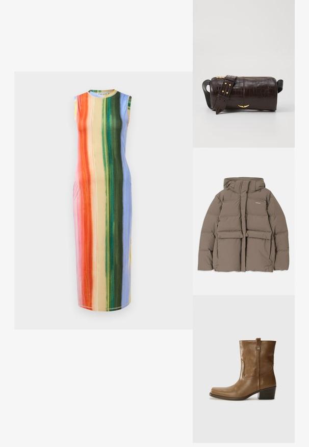 Casaco de puffer castanho com capuz, apresentando um fecho éclair frontal, dois grandes bolsos frontais e uma textura mate suave. Logótipo da marca no peito.; Vestido midi sem mangas com riscas verticais em tons de laranja, rosa, verde e azul. O tecido parece suave com um leve brilho.; Bota de tornozelo em couro castanho com bico quadrado, acabamento texturizado e salto baixo em camadas. Apresenta uma alça na parte de trás e detalhes de costura discretos.; Bolsa de couro com textura de crocodilo na cor marrom, com forma cilíndrica, metalizações em tom dourado e uma alça destacável com tachas.