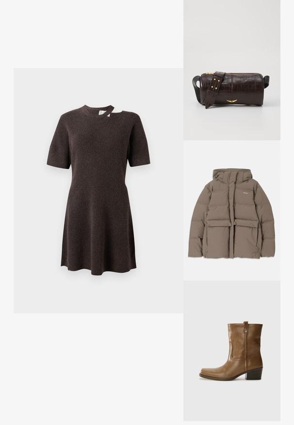 Barna puffermellény kapucnival, elülső cipzárral, két nagy elülső zsebével és sima matt felületével. Márkalogó a mellen.; Sötétbarna bordás ruha rövid ujjakkal, kerek nyakkivágással és egyedi nyitott részlettel a válltón. Puha, texturált anyag.; Barna bőrből készült bokacsizma négyzet alakú orral, texturált felülettel és alacsony, rakott sarkával. Hátsó húzófüllel és finom varrási részletekkel rendelkezik.; Barna krokodilbőr hatású bőr táska henger alakú, arany tónusú fémveretekkel és lecsatolható, szegecsekkel díszített pánttal.