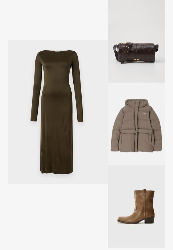 Barna puffermellény kapucnival, elülső cipzárral, két nagy elülső zsebével és sima matt felületével. Márkalogó a mellen.; Hosszúujjú, sima olíva színű anyagból készült ruha, egyenes fazonnal és hajónyakkivágással. Minimalista dizájn, minta nélkül.; Barna bőrből készült bokacsizma négyzet alakú orral, texturált felülettel és alacsony, rakott sarkával. Hátsó húzófüllel és finom varrási részletekkel rendelkezik.; Barna krokodilbőr hatású bőr táska henger alakú, arany tónusú fémveretekkel és lecsatolható, szegecsekkel díszített pánttal.