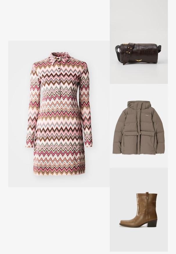 Brūna pūkainā jaka ar kapuci, ar priekšējo rāvējslēdzēju, divām lielām priekšējām kabatām un gludu matētu tekstūru. Zīmola logo uz krūškurvja.; Kreklu kleita ar apkakli, kas rotāta ar daudzkrāsainu zigzaga rakstu rozā, brūnā un krējuma toņos. To raksturo garas piedurknes un pogu aizdare.; Brūnas ādas potītes zābaki ar kvadrātveida degunu, struktūru apdari un zemu sakrautu papēdi. Ir aizmugurējais cilpiņu un smalkas šūšanas detaļas.; Brūna krokodila ādas soma ar cilindrisku formu, zelta toni aparatūru un noņemamu siksnu ar studiem.