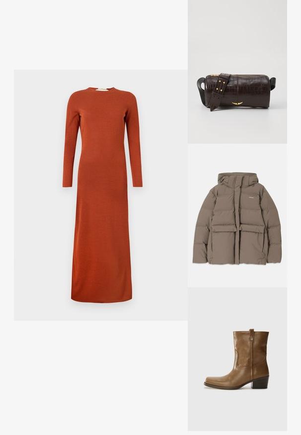 Brązowa kurtka puchowa z kapturem, z przednim zamkiem błyskawicznym, dwiema dużymi kieszeniami z przodu oraz gładką matową powierzchnią. Logo marki na klatce piersiowej.; Długa sukienka z długim rękawem w kolorze rdzy, wykonana z miękkiego, teksturowanego materiału, z okrągłym dekoltem i prostym krojem, sięgająca kostek.; Brązowy skórzany botek za kostkę z kwadratowym noskiem, teksturowanym wykończeniem i niskim, zakrytym obcasem. Posiada tylną pętelkę do zakładania oraz subtelne detale przeszycia.; Brązowa torba ze skóry z tłoczeniem krokodyla w kształcie cylindrycznym, z metalowymi elementami w kolorze złotym oraz odczepianym paskiem z ćwiekami.