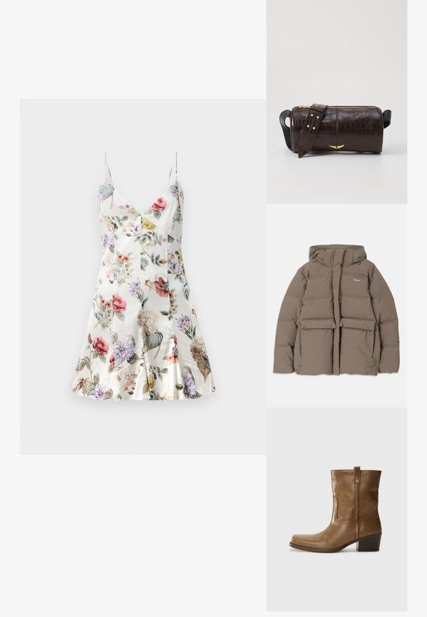 Hnědá pufovaná bunda s kapucí, se zipem vpředu, dvěma velkými předními kapsami a hladkým matným povrchem. Logo značky na hrudi.; Saténové šaty s květinovým potiskem, V-výstřihem, tenkými ramínky, rozšířeným lemem a různými květinami v růžové, fialové, žluté a zelené na bílém pozadí.; Hnědé kožené kotníkové boty se čtveratou špičkou, texturovaným povrchem a nízkým zvýšeným podpatkem. Mají zadní poutko na obouvání a jemné prošívání.; Hnědá kabelka z krokodýlí kůže s embosováním, cylindrického tvaru, se zlacenými kovovými prvky a odnímatelným popruhem se hroty.