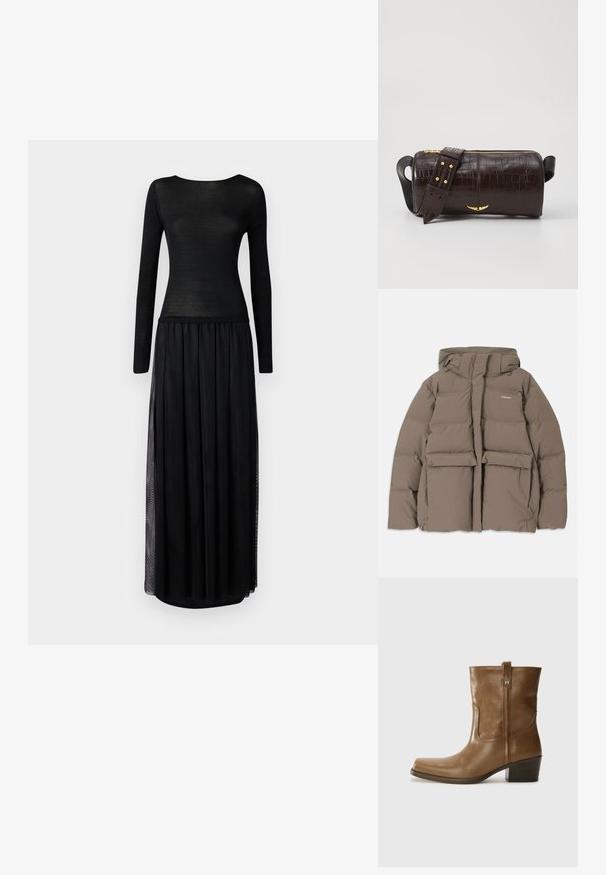 Rudas pūkinis švarkas su gaubtu, su priekiniais užtrauktukais, dviem didelėm priekinėm kišenėm ir lygiu matinio paviršiaus apdailu. Prekės ženklas ant krūtinės.; Juodas suknelė su prigludusia ilga rankove, pagaminta iš permatomo audinio, pereinanti į laisvą maxi sijoną su šoninėmis išpjovomis.; Rudų odinių batų iki kulkšnies su kvadratiniu pirštu, tekstūruotu paviršiumi ir žemu sluoksniuota pakulne. Yra užpakalinis kilpas ir subtilūs siuvinėjimo detalės.; Ruda krokodilo odspaudo odinė rankinė cilindro formos, su auksinėmis detalėmis ir nuimamu dirželiu, papuoštu studelėmis.