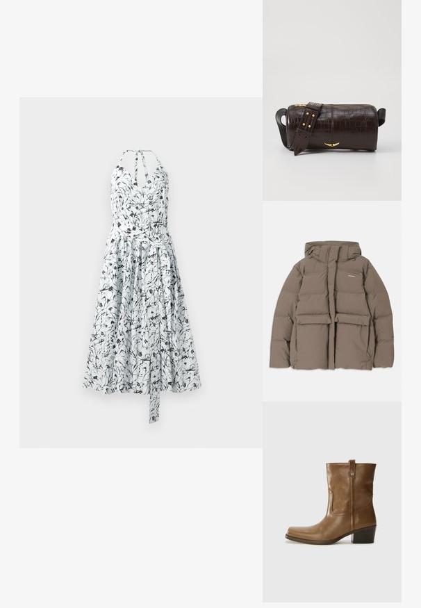 Hnědá pufovaná bunda s kapucí, se zipem vpředu, dvěma velkými předními kapsami a hladkým matným povrchem. Logo značky na hrudi.; Sukně na ramínka s květinovým potiskem v bílém a černém provedení, s tělem ve stylu zavinování, halter výstřihem, nařasenou sukní a nastavitelným páskem v pase.; Hnědé kožené kotníkové boty se čtveratou špičkou, texturovaným povrchem a nízkým zvýšeným podpatkem. Mají zadní poutko na obouvání a jemné prošívání.; Hnědá kabelka z krokodýlí kůže s embosováním, cylindrického tvaru, se zlacenými kovovými prvky a odnímatelným popruhem se hroty.