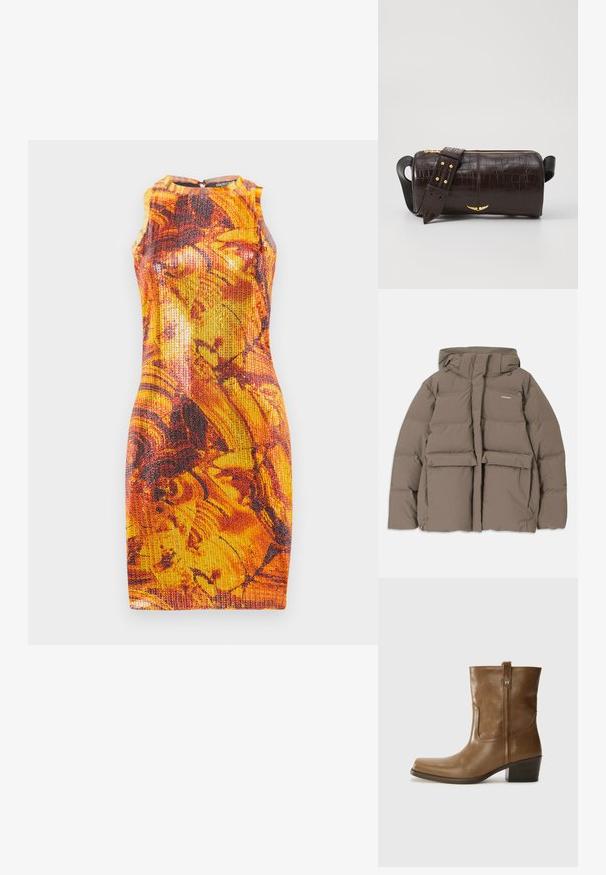 Brūna pūkainā jaka ar kapuci, ar priekšējo rāvējslēdzēju, divām lielām priekšējām kabatām un gludu matētu tekstūru. Zīmola logo uz krūškurvja.; Piemērota bezpiedurkņu kleita spilgti oranžā un dzeltenā krāsā ar abstraktiem tumšiem motīviem; strukturēta auduma; apaļa kakla izgriezums ar aizmugures rāvējslēdzēja detaļām.; Brūnas ādas potītes zābaki ar kvadrātveida degunu, struktūru apdari un zemu sakrautu papēdi. Ir aizmugurējais cilpiņu un smalkas šūšanas detaļas.; Brūna krokodila ādas soma ar cilindrisku formu, zelta toni aparatūru un noņemamu siksnu ar studiem.