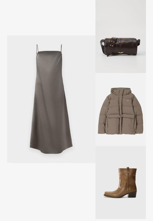 Brūna pūkainā jaka ar kapuci, ar priekšējo rāvējslēdzēju, divām lielām priekšējām kabatām un gludu matētu tekstūru. Zīmola logo uz krūškurvja.; Satin kleita-slīde mierīgā pelēkā tonī, ar plānām spageti siksnām, brīvu piegriezumu un viegli teksturētu virsmu.; Brūnas ādas potītes zābaki ar kvadrātveida degunu, struktūru apdari un zemu sakrautu papēdi. Ir aizmugurējais cilpiņu un smalkas šūšanas detaļas.; Brūna krokodila ādas soma ar cilindrisku formu, zelta toni aparatūru un noņemamu siksnu ar studiem.