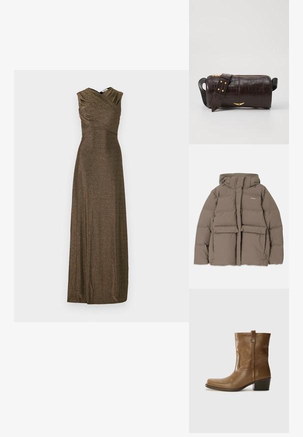 Ruske puffer jakna z kapuco, ki ima sprednji zadrgo, dva velika sprednja žepa in gladko mat teksturo. Logotip blagovne znamke na prsih.; Pitkä, hihaton iltapuku metallinhohtoisesta pronssikankaasta. Laskeutuvat rinnat ja V-mallinen kaula-aukko sekä liehuva hame. Sujuva pinta ja tyylikäs muotoilu.; Ruske nahkasaappaat nilkkamittaisella leikkauksella, neliönmuotoisella kärjellä, teksturoidulla pinnalla ja alhaisella pinottavalla korolla. Varustettu takana olevan vetotarran ja huomaamattomilla ompeleilla.; Ruskea krokotiilinkuosilla varustettu nahkalaukku, jossa on sylinterimäinen muoto, kultasävyiset yksityiskohdat ja irrotettava hihna, jossa on niittejä.