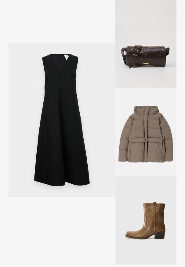 Brown puffer jacket with a hood, featuring a front zipper, two large front pockets, and a smooth matte texture. Brand logo on chest.; Black sleeveless dress featuring a V-neck, a relaxed fit, and a full skirt. Fabric appears smooth with no visible patterns or accents.; Brown leather ankle boot with a square toe, textured finish, and a low stacked heel. Features a rear pull tab and subtle stitching details.; Brown crocodile-embossed leather bag with a cylindrical shape, gold-tone hardware, and a detachable strap featuring studs.