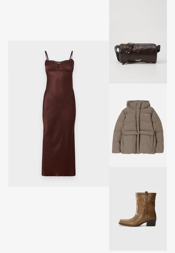 Rjava pihasta jakna s kapuco, ki ima sprednji zadrgo, dva velika sprednja žepa in gladko mat teksturo. Blagovna znamka je na prsih.; Satin midi obleka v temno rjavi barvi z tankimi nastavljivimi naramnicami, oprijetim pasom, gubanim detajlom na prsi in gladko teksturo.; Rjave usnjene gležnjarje s kvadratnim nosom, teksturirano površino in nizko kvadratno peto. Imajo zadnji trak za enostavno obuvanje in subtilne šivane detajle.; Brah blaženka iz rjavega usnja z embosiranim krokodilom, cilindrične oblike, zlatih kovinskih elementov in odstranljivim pasom, ki vsebuje žebljičke.