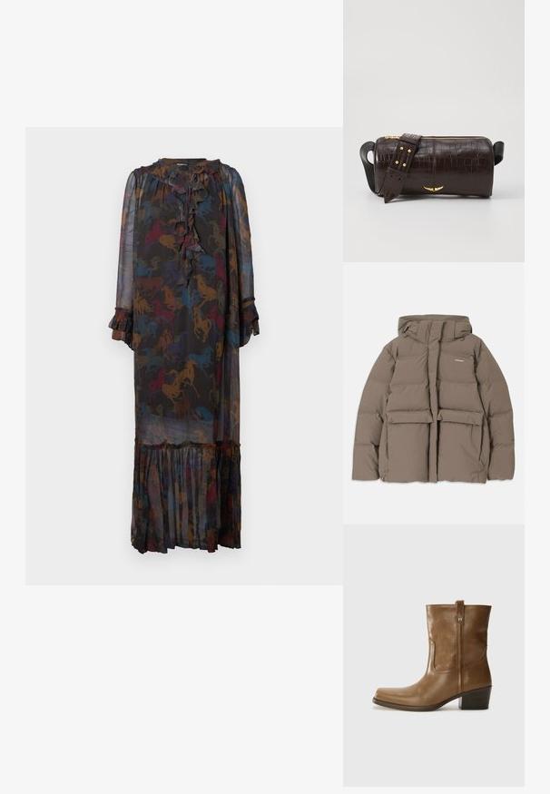 pruun puffer-jakk, millel on kapuuts, esi tõmblukk, kaks suurt eesmist taskut ja sile mati tekstuur. Brändi logo rinnal.; Pikk must läbipaistev kleit mitmevärvilise hobuse mustriga, volangiga kaelus ja mansetid ning kihiline ääreosa.; Pruun nahkne ankle boot ruudukujulise varbaga, tekstuuriga viimistluse ja madala virnastatud kontsaga. Sisaldab taga tõmbeaasat ja peeneid õmbluse detaile.; Pruunist krokodillimustrist nahast kott, millel on silindri kuju, kuldse tooni metalldetailid ja eemaldatav rihm, kus on nupud.