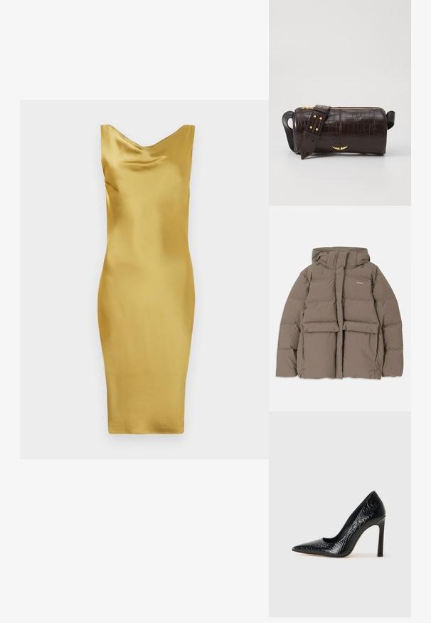 Hnedá púšťačka s kapucňou, s predným zipsom, dvoma veľkými prednými vreckami a hladkou matnou textúrou. Logo značky na hrudi.; Žlté saténové šaty s výstrihom do cowl, priliehavým strihom, dĺžkou po kolená a hladkou textúrou. Žiadne viditeľné vzory ani akcenty.; Čierna lodička s špicatou špičkou a lakovanou textúrou krokodíla, s elegantným dizajnom, vysokým stiletto podpätkom a hladkým čiernym interiérom.; Hnedá taška z kože s embosovaným vzorom krokodíla, cylindrického tvaru, so zlatými hardvérovými doplnkami a odnímateľným popruhom so štítkami.
