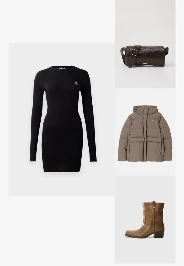 Brun puffjacka med huva, med dragkedja framtill, två stora frontfickor och en slät matt yta. Varumärkeslogotyp på bröstet.; Svart långärmad klänning i mjukt bomullsmaterial. Har en figurnära design och en liten guldlogotyp på bröstet.; Brun läderankelsk boot med fyrkantig tå, texturerad yta och låg staplad klack. Har en bakre dragflik och subtila sömnadsdetaljer.; Brun kroko präglat läderväska med cylindrisk form, guldfärgad hårdvara och ett avtagbart band med nitar.