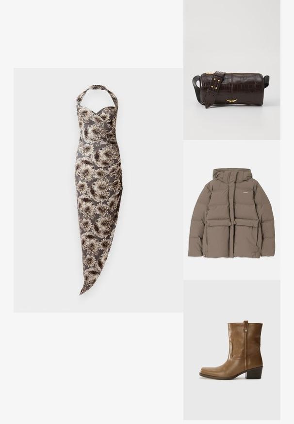 Rudas pūkinis švarkas su gaubtu, su priekiniais užtrauktukais, dviem didelėm priekinėm kišenėm ir lygiu matinio paviršiaus apdailu. Prekės ženklas ant krūtinės.; Halterio kaklo aptempta suknelė su dideliais pilkai baltos spalvos gėlės raštais, raukšlėmis šonuose ir asimetrišku užlenkimu.; Rudų odinių batų iki kulkšnies su kvadratiniu pirštu, tekstūruotu paviršiumi ir žemu sluoksniuota pakulne. Yra užpakalinis kilpas ir subtilūs siuvinėjimo detalės.; Ruda krokodilo odspaudo odinė rankinė cilindro formos, su auksinėmis detalėmis ir nuimamu dirželiu, papuoštu studelėmis.