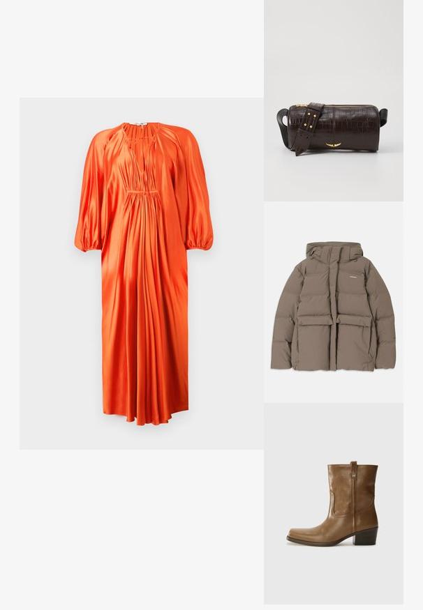 Brūna pūkainā jaka ar kapuci, ar priekšējo rāvējslēdzēju, divām lielām priekšējām kabatām un gludu matētu tekstūru. Zīmola logo uz krūškurvja.; Oranžs satīna kleita ar garām pūkainām piedurknēm, dziļu V-veida izgriezumu un savilktām krokām jostasvietā, krītoša līdz teļa garumam. Gluda tekstūra.; Brūnas ādas potītes zābaki ar kvadrātveida degunu, struktūru apdari un zemu sakrautu papēdi. Ir aizmugurējais cilpiņu un smalkas šūšanas detaļas.; Brūna krokodila ādas soma ar cilindrisku formu, zelta toni aparatūru un noņemamu siksnu ar studiem.