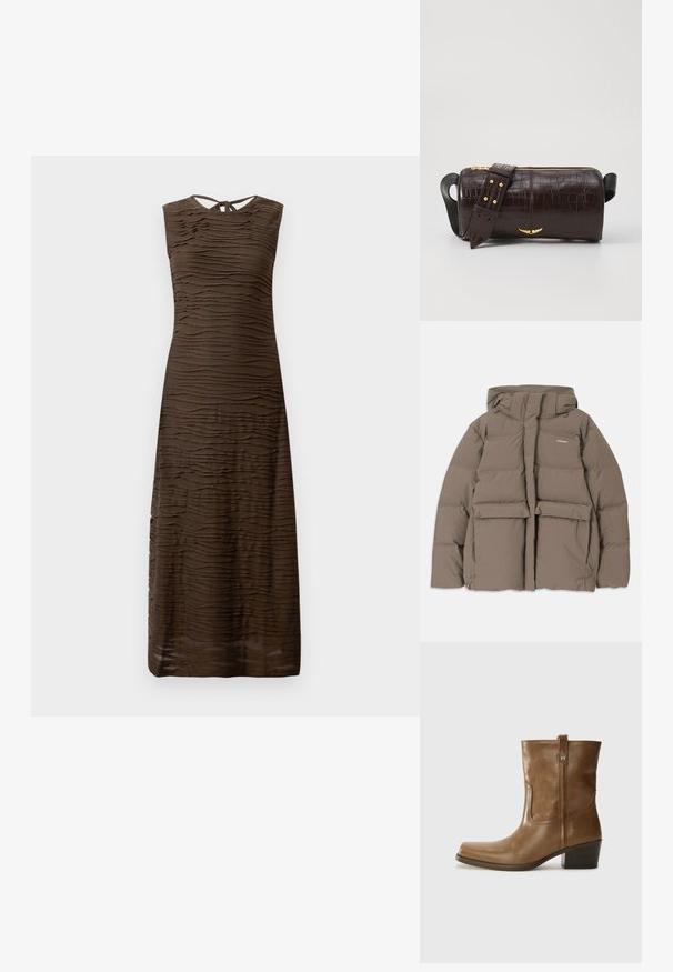 Brūna pūkainā jaka ar kapuci, ar priekšējo rāvējslēdzēju, divām lielām priekšējām kabatām un gludu matētu tekstūru. Zīmola logo uz krūškurvja.; Bez piedurknēm tumši brūns maksi kleita ar teksturētām viļņotām horizontālām svītrām un mazu atslēgvietu ar saišu aizdari muguras kaklā.; Brūnas ādas potītes zābaki ar kvadrātveida degunu, struktūru apdari un zemu sakrautu papēdi. Ir aizmugurējais cilpiņu un smalkas šūšanas detaļas.; Brūna krokodila ādas soma ar cilindrisku formu, zelta toni aparatūru un noņemamu siksnu ar studiem.