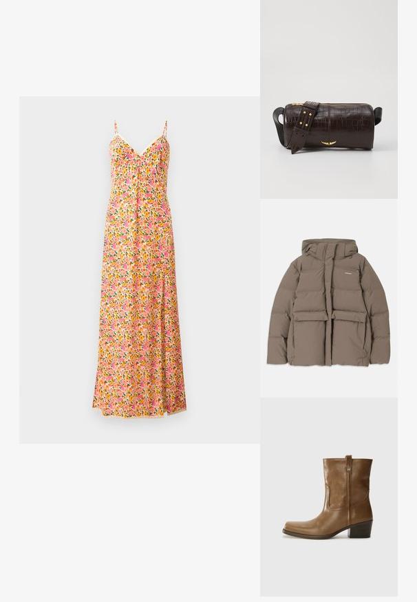 Smeđa puffer jakna s kapuljačom, koja ima prednji patent zatvarač, dva velika prednja džepa i glatku mat teksturu. Logotip brenda na prsima.; Cvećasta maksi haljina s tankim trakama, s uzorkom u ružičastoj, narančastoj i zelenoj boji. Lagana tkanina s lepršavim dizajnom i V-izrezom.; Smeđa kožna cipela do gležnja sa četvrtastim vrhom, teksturiranim finišem i niskim složenim potpeticom. Ima stražnju petlju za navlačenje i suptilne detalje šivanja.; Smeđa torba od kože s embosiranim krokodilskim uzorkom, cilindričnog oblika, zlatne hardverske detalje i odvojivu naramenicu sa čavlima.