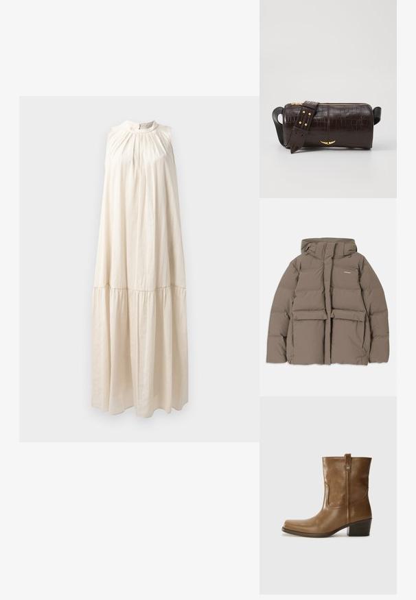Barna puffermellény kapucnival, elülső cipzárral, két nagy elülső zsebével és sima matt felületével. Márkalogó a mellen.; Hosszú, ujjatlan ruha világos bézs színben, magas nyakkal, rakott melltartóval és réteges szoknyával, puha, sima anyaggal.; Barna bőrből készült bokacsizma négyzet alakú orral, texturált felülettel és alacsony, rakott sarkával. Hátsó húzófüllel és finom varrási részletekkel rendelkezik.; Barna krokodilbőr hatású bőr táska henger alakú, arany tónusú fémveretekkel és lecsatolható, szegecsekkel díszített pánttal.