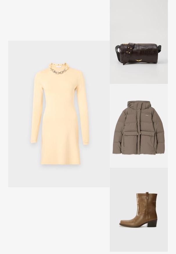 Casaco de puffer castanho com capuz, apresentando um fecho éclair frontal, dois grandes bolsos frontais e uma textura mate suave. Logótipo da marca no peito.; Rabanne Vestido direito - cream; Bota de tornozelo em couro castanho com bico quadrado, acabamento texturizado e salto baixo em camadas. Apresenta uma alça na parte de trás e detalhes de costura discretos.; Bolsa de couro com textura de crocodilo na cor marrom, com forma cilíndrica, metalizações em tom dourado e uma alça destacável com tachas.