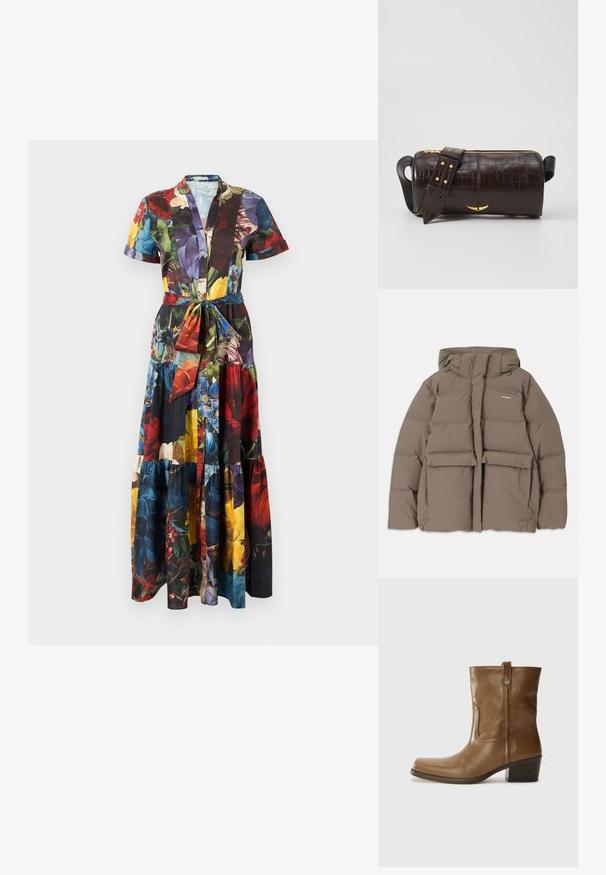 pruun puffer-jakk, millel on kapuuts, esi tõmblukk, kaks suurt eesmist taskut ja sile mati tekstuur. Brändi logo rinnal.; Lillemustriga maksikleit lühikeste varrukatega, krae ja vöökohaga, mis on seotud paelaga. Valmistatud kerge kangaga erksates värvides.; Pruun nahkne ankle boot ruudukujulise varbaga, tekstuuriga viimistluse ja madala virnastatud kontsaga. Sisaldab taga tõmbeaasat ja peeneid õmbluse detaile.; Pruunist krokodillimustrist nahast kott, millel on silindri kuju, kuldse tooni metalldetailid ja eemaldatav rihm, kus on nupud.