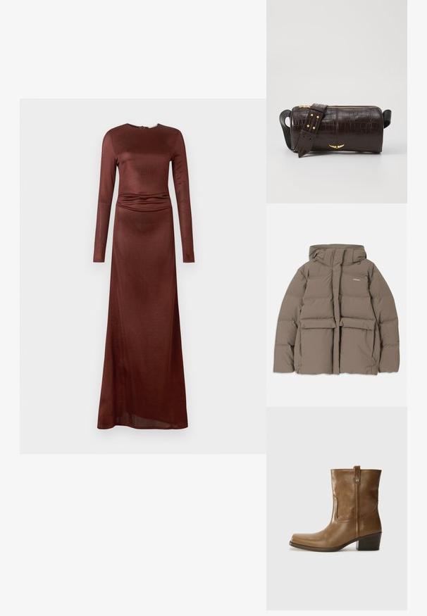 Rjava pihasta jakna s kapuco, ki ima sprednji zadrgo, dva velika sprednja žepa in gladko mat teksturo. Blagovna znamka je na prsih.; Dolga obleka z dolgimi rokavi, do tal, v temno rjavi barvi, z gladko teksturo in nabrano podrobnostjo na pasu, okroglo izrezom in zapiranjem na hrbtu.; Rjave usnjene gležnjarje s kvadratnim nosom, teksturirano površino in nizko kvadratno peto. Imajo zadnji trak za enostavno obuvanje in subtilne šivane detajle.; Brah blaženka iz rjavega usnja z embosiranim krokodilom, cilindrične oblike, zlatih kovinskih elementov in odstranljivim pasom, ki vsebuje žebljičke.