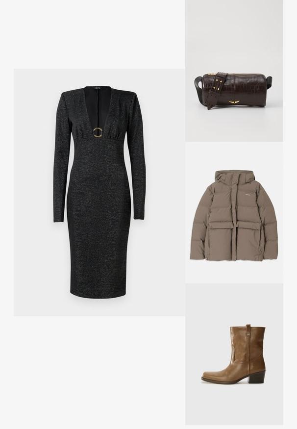 Braune Pufferjacke mit Kapuze, ausgestattet mit einem Frontreißverschluss, zwei großen Fronttaschen und einer glatten, matten Textur. Markenlogo auf der Brust.; Schwarzes, langärmeliges, tailliertes Midi-Kleid mit tiefem V-Ausschnitt, gerafftem Oberteil, subtil schimmerndem Stoff und dekorativer runder goldener Schnalle vorne in der Mitte.; Braune Leder-Ankle-Boots mit quadratischer Zehenform, strukturiertem Finish und niedrigem, gestapeltem Absatz. Ausgestattet mit einer Zuglasche auf der Rückseite und dezenten Stickdetails.; Braune, krokodilgeprägte Lederhandtasche mit zylindrischer Form, goldfarbener Hardware und einem abnehmbaren Tragegurt mit Nieten.