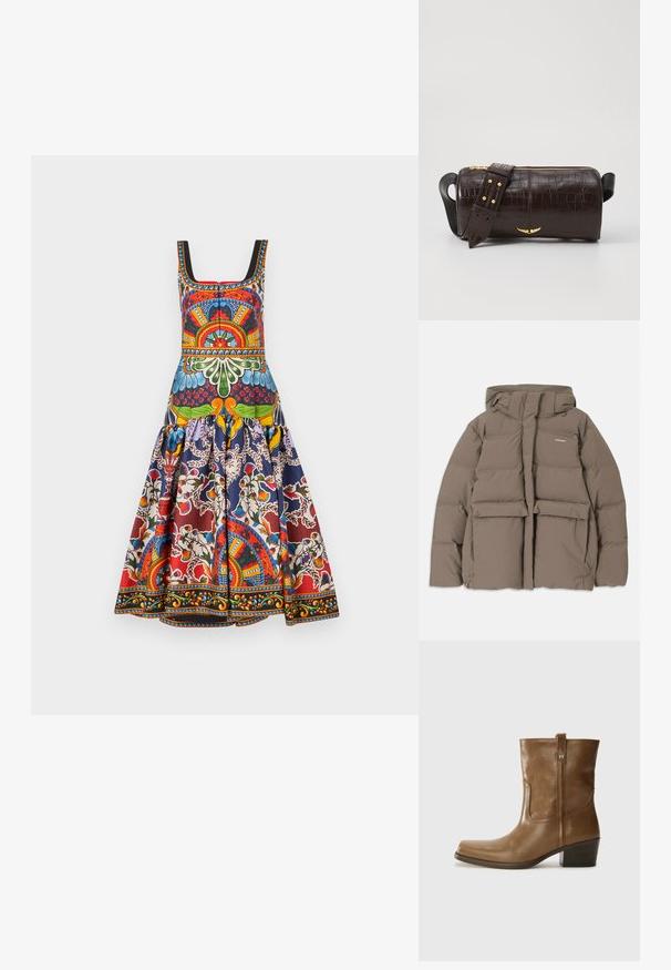 Brun oppustelig jakke med hætte, der har en frontlynlås, to store frontlommer og en glat, mat tekstur. Brandlogo på brystet.; Alice + Olivia DIANA STRUCTURED MIDI DRESS - Hverdagskjole - on the road; Brun læder ankelstøvle med firkantet tå, tekstureret overflade og en lav stablet hæl. Har en bageste hælflap og subtile syningsdetaljer.; Brun krokodilleder taske med cylindrisk form, hardware i guld-tone, og en aftagelig rem med nitter.