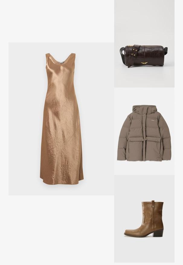 Braune Pufferjacke mit Kapuze, ausgestattet mit einem Frontreißverschluss, zwei großen Fronttaschen und einer glatten, matten Textur. Markenlogo auf der Brust.; Bronzefarbenes Satin-Midikleid mit ärmellosem Design, Rundhalsausschnitt und seitlichem Schlitz, das eine subtile strukturelle Oberfläche aufweist.; Braune Leder-Ankle-Boots mit quadratischer Zehenform, strukturiertem Finish und niedrigem, gestapeltem Absatz. Ausgestattet mit einer Zuglasche auf der Rückseite und dezenten Stickdetails.; Braune, krokodilgeprägte Lederhandtasche mit zylindrischer Form, goldfarbener Hardware und einem abnehmbaren Tragegurt mit Nieten.