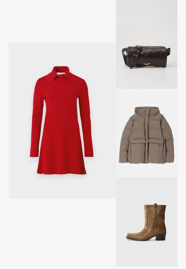 Casaco de puffer castanho com capuz, apresentando um fecho éclair frontal, dois grandes bolsos frontais e uma textura mate suave. Logótipo da marca no peito.; Vestido de malha vermelho de mangas compridas com um colarinho pontudo largo, bainha larga e design simples, exibido sobre um fundo simples.; Bota de tornozelo em couro castanho com bico quadrado, acabamento texturizado e salto baixo em camadas. Apresenta uma alça na parte de trás e detalhes de costura discretos.; Bolsa de couro com textura de crocodilo na cor marrom, com forma cilíndrica, metalizações em tom dourado e uma alça destacável com tachas.