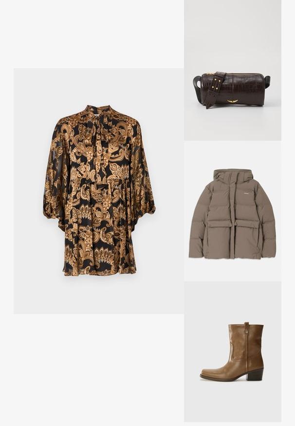 Hnedá púšťačka s kapucňou, s predným zipsom, dvoma veľkými prednými vreckami a hladkou matnou textúrou. Logo značky na hrudi.; Čierna blúzka so zlatým paisley vzorom, s viazaním okolo krku, dlhými rukávmi a jemnou, ľahkou tkaninou; prúdiaci dizajn s voľným strihom.; Hnedé kožené členkové topánky so štvorcovou špičkou, textúrovaným povrchom a nízkym vrstveným podpätkom. Obsahujú zadný úchyt a diskrétne prešívanie.; Hnedá taška z kože s embosovaným vzorom krokodíla, cylindrického tvaru, so zlatými hardvérovými doplnkami a odnímateľným popruhom so štítkami.