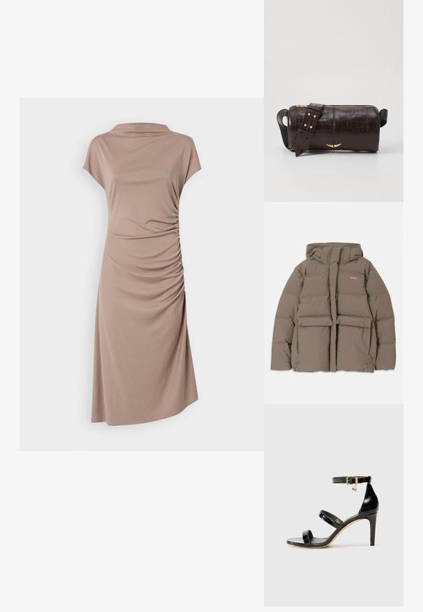 Ruske puffer jakna z kapuco, ki ima sprednji zadrgo, dva velika sprednja žepa in gladko mat teksturo. Logotip blagovne znamke na prsih.; Röndigt brunt kortärmad klänning av mjukt tyg, med en draperad halsringning och samlade detaljer på sidan för en figurnära silhuett.; Musta patentoitu nahkasandaali, jossa on kolme hihnaa, nilkkasolki ja 4 tuuman stiletto-korko. Varustettu kultaisilla yksityiskohdilla ja logokoristeella.; Ruskea krokotiilinkuosilla varustettu nahkalaukku, jossa on sylinterimäinen muoto, kultasävyiset yksityiskohdat ja irrotettava hihna, jossa on niittejä.
