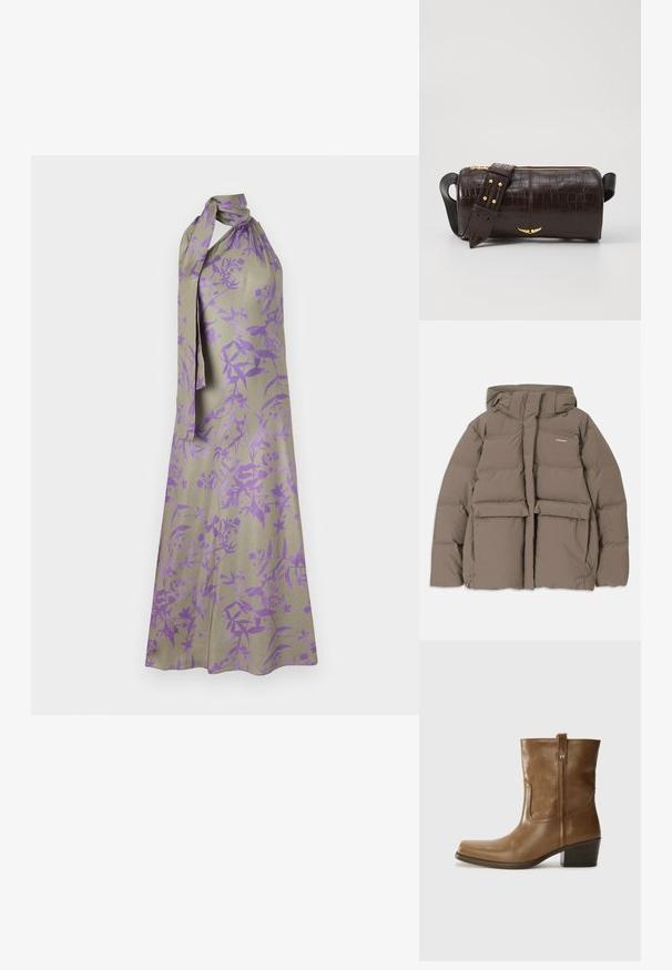 Barna puffermellény kapucnival, elülső cipzárral, két nagy elülső zsebével és sima matt felületével. Márkalogó a mellen.; Halternyakú ruha világos bézs szövetből, lila virágmintával. Megkötős dekoltázzsal és lágy, folydogáló sz Siluettel rendelkezik.; Barna bőrből készült bokacsizma négyzet alakú orral, texturált felülettel és alacsony, rakott sarkával. Hátsó húzófüllel és finom varrási részletekkel rendelkezik.; Barna krokodilbőr hatású bőr táska henger alakú, arany tónusú fémveretekkel és lecsatolható, szegecsekkel díszített pánttal.