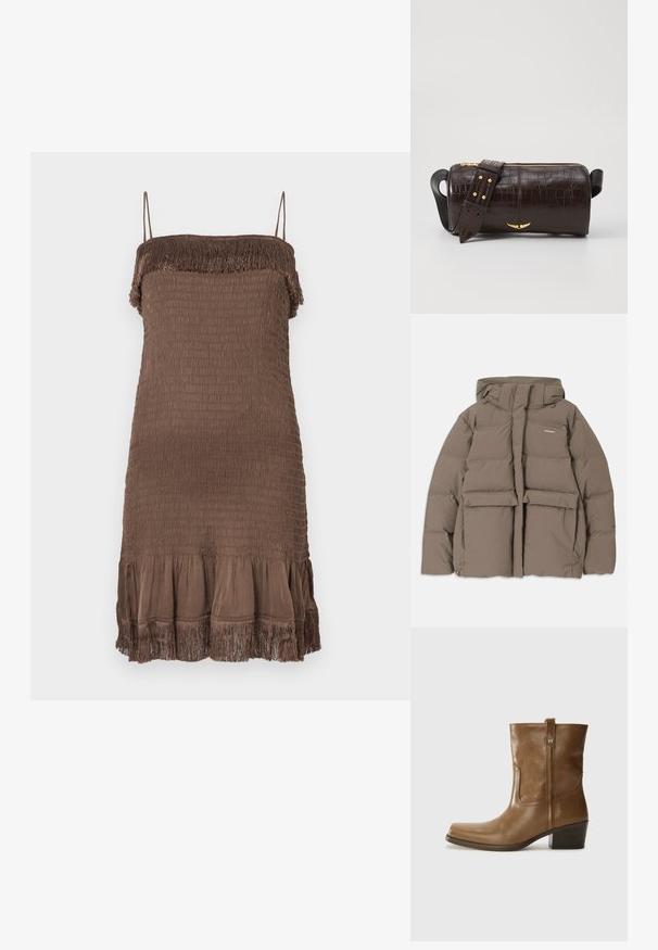 Ruske puffer jakna z kapuco, ki ima sprednji zadrgo, dva velika sprednja žepa in gladko mat teksturo. Logotip blagovne znamke na prsih.; Ruskea, hihaton mekko, jossa on kirjailtu tekstuuri, repsottava yläreuna ja levenevä helmareunus. Valmistettu pehmeästä kankaasta.; Ruske nahkasaappaat nilkkamittaisella leikkauksella, neliönmuotoisella kärjellä, teksturoidulla pinnalla ja alhaisella pinottavalla korolla. Varustettu takana olevan vetotarran ja huomaamattomilla ompeleilla.; Ruskea krokotiilinkuosilla varustettu nahkalaukku, jossa on sylinterimäinen muoto, kultasävyiset yksityiskohdat ja irrotettava hihna, jossa on niittejä.