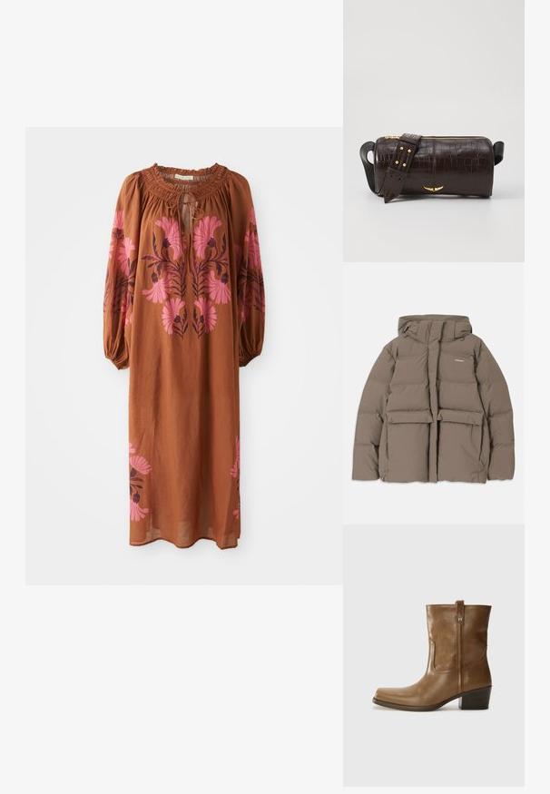 Hnědá pufovaná bunda s kapucí, se zipem vpředu, dvěma velkými předními kapsami a hladkým matným povrchem. Logo značky na hrudi.; Hnědé, volné šaty s dlouhými rukávy. Mají nařasený výstřih se zavazováním a růžovou květinovou výšivku po každé straně.; Hnědé kožené kotníkové boty se čtveratou špičkou, texturovaným povrchem a nízkým zvýšeným podpatkem. Mají zadní poutko na obouvání a jemné prošívání.; Hnědá kabelka z krokodýlí kůže s embosováním, cylindrického tvaru, se zlacenými kovovými prvky a odnímatelným popruhem se hroty.