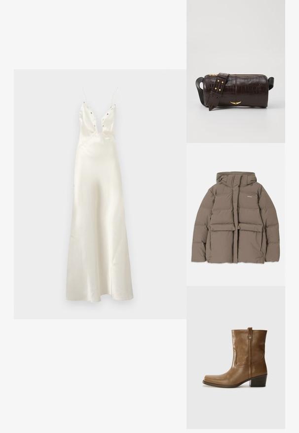 Brun puffjacka med huva, med dragkedja framtill, två stora frontfickor och en slät matt yta. Varumärkeslogotyp på bröstet.; Satinivoryklänning med djup V-ringning, tunna axelremmar och blomsterbroderade detaljer. Har en åtsittande överdel och en flödande kjol.; Brun läderankelsk boot med fyrkantig tå, texturerad yta och låg staplad klack. Har en bakre dragflik och subtila sömnadsdetaljer.; Brun kroko präglat läderväska med cylindrisk form, guldfärgad hårdvara och ett avtagbart band med nitar.