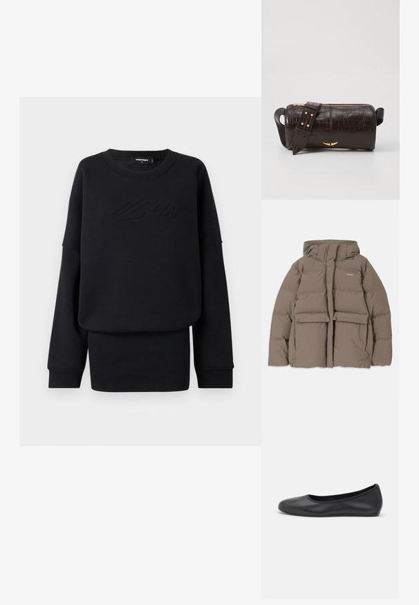 Bruine pufferjack met capuchon, voorzien van een ritssluiting aan de voorkant, twee grote voorzakken en een gladde matte textuur. Merklogo op de borst.; Zwarte sweatshirt gemaakt van zachte stof, met een ronde hals, lange mouwen en een reliëflogo op de voorkant. Regular fit en een gladde textuur.; Zwarte leren ballerina met een ronde neus, gladde textuur, minimale stikdetails en een flexibele zoolontwerp.; Bruine krokodil-embosserende leren tas met een cilindervorm, gouden hardware en een afneembare schouderband met studs.