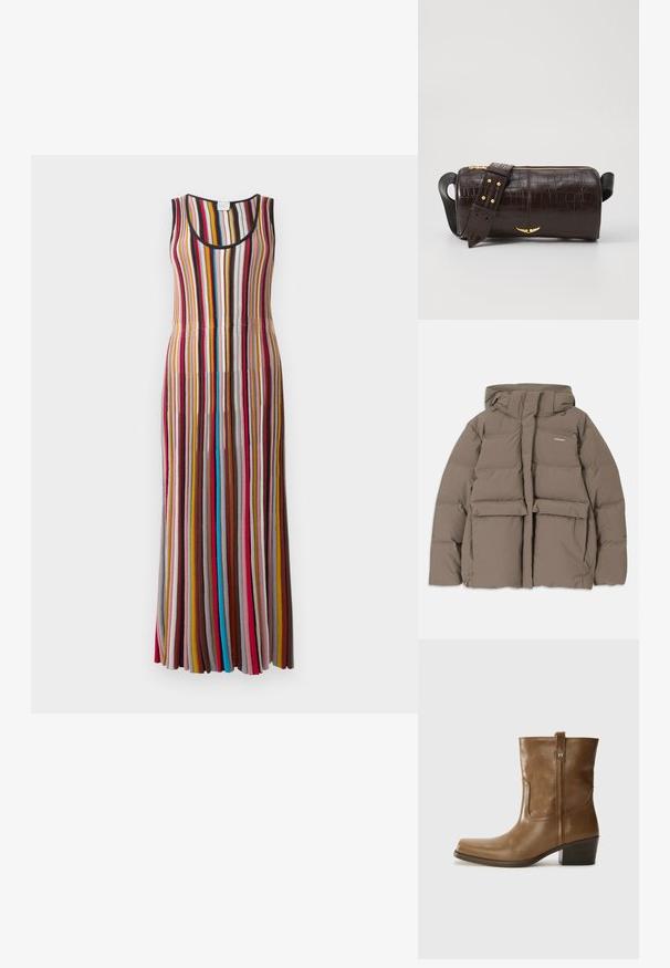 Hnedá púšťačka s kapucňou, s predným zipsom, dvoma veľkými prednými vreckami a hladkou matnou textúrou. Logo značky na hrudi.; Bezrukávové dlhé šaty s vertikálnymi pruhmi v červenej, ružovej, horčicovej, hnedej, modrej a čiernej na svetlom pozadí.; Hnedé kožené členkové topánky so štvorcovou špičkou, textúrovaným povrchom a nízkym vrstveným podpätkom. Obsahujú zadný úchyt a diskrétne prešívanie.; Hnedá taška z kože s embosovaným vzorom krokodíla, cylindrického tvaru, so zlatými hardvérovými doplnkami a odnímateľným popruhom so štítkami.